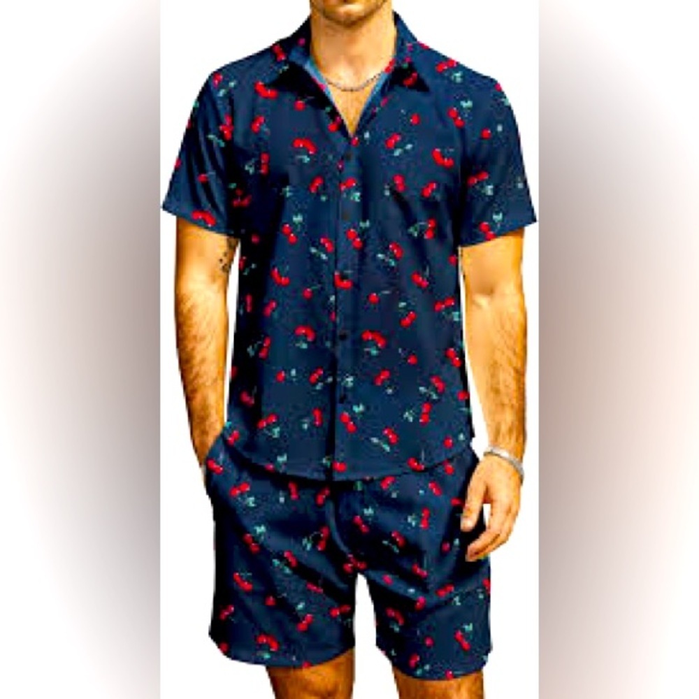 NWOT JOGAL Cotton Short Sleeve Button Down Blue Cherry Shirt & Short Set Size: S
